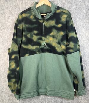 Adidas Mens Green Camo Fleece Quarter Zip 2XL Pullover Sweater